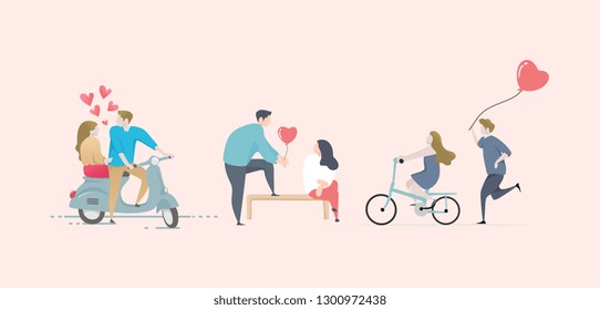 Couple set design vector illustration with cute cartoon colorful isolated on white background. Collections of romantic moment in love for wedding and Valentine's day theme.