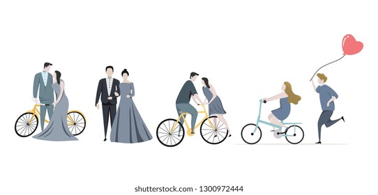 Couple set design vector illustration with cute cartoon colorful isolated on white background. Collections of romantic moment in love for wedding and Valentine's day theme.