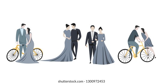 Couple set design vector illustration with cute cartoon colorful isolated on white background. Collections of romantic moment in love for wedding and Valentine's day theme.