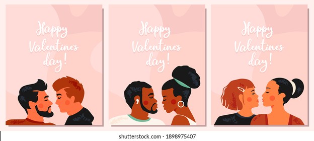 Couple set for Valentine' Day. Homosexual lgbt people: lesbian, gay, queer. African, asian, caucasian ethnicity. Love and family concept. Equality and human rights. Trendy modern greeting cards.