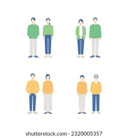 Couple set of various ages. Senior couples, middle-aged couples, young couples. simple full body illustration