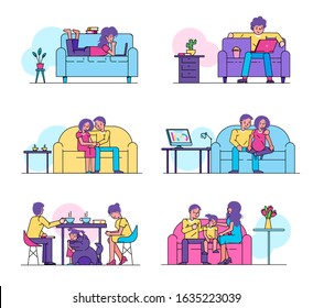 Couple set vector illustration isolated. Happy people family man, woman at home collection. Acquaintance, date, pastime at home on couch and at table. Pregnancy, daughter child, dog