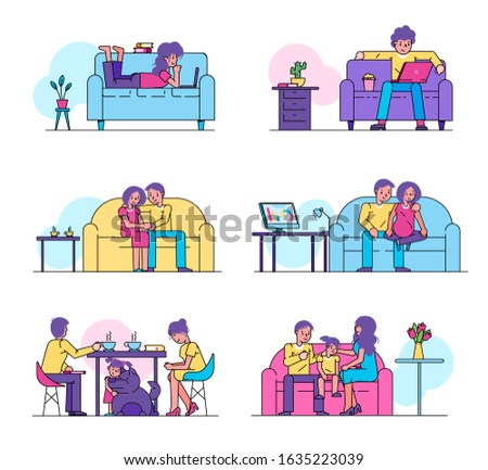 Couple set vector illustration isolated. Happy people family man, woman at home collection. Acquaintance, date, pastime at home on couch and at table. Pregnancy, daughter child, dog