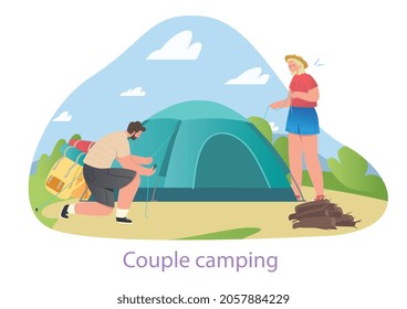 Couple sets up tent concept. Man and woman on hike in mountains or forest. Outdoor hiking or camping. Tourists live in nature. Cartoon modern flat vector illustration isolated on white background