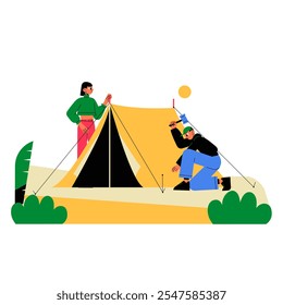 Couple Setting Up Camping Tent In Flat Vector Illustration Symbolizing Outdoor Adventure, Travel, And Teamwork, Isolated On White Background.