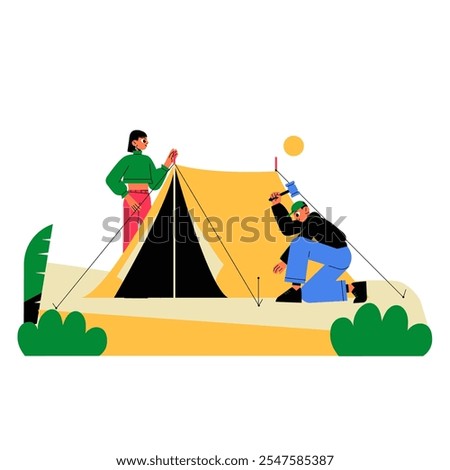 Couple Setting Up Camping Tent In Flat Vector Illustration Symbolizing Outdoor Adventure, Travel, And Teamwork, Isolated On White Background.