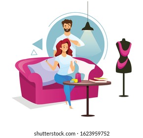 Couple in sewing studio flat color vector illustration. Woman making clothes on sofa. Fashion designer creating garment with colleague. Isolated cartoon character on white background