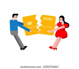 Couple share bank card after divorce. Man and woman is pulling Cash in different directions. Concept section of property after family divorce