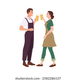 Couple share a cheerful toast with glasses of beer, camaraderie and celebration. Flat vector illustration isolated on white background