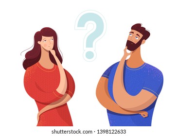 Couple sharing common secret vector illustration. Cartoon friends, colleagues with hand on chin gesture isolated characters. Making decision, hesitating, distrust symbol. Question mark