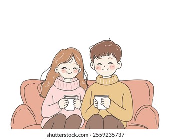 Couple Sharing Love Over Coffee: A Simple Yet Perfect Valentine's Celebration Together.Vector illustration of couple drinking coffee on white background.