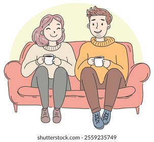 Couple Sharing Love Over Coffee: A Simple Yet Perfect Valentine's Celebration Together.Vector illustration of couple drinking coffee on white background.