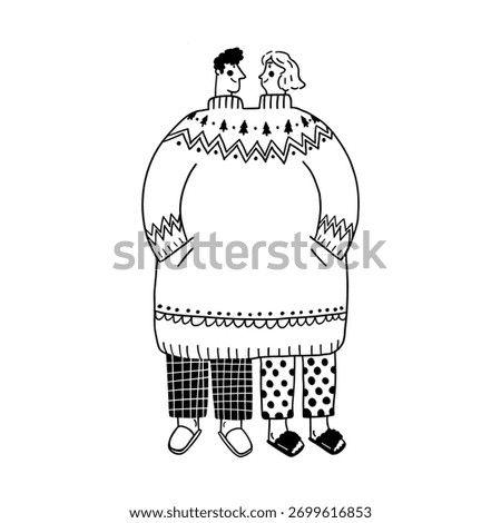 Couple sharing oversized sweater vector illustration for cozy winter love and holiday romance. Person couple in pajamas doodle line art monochrome togetherness at home