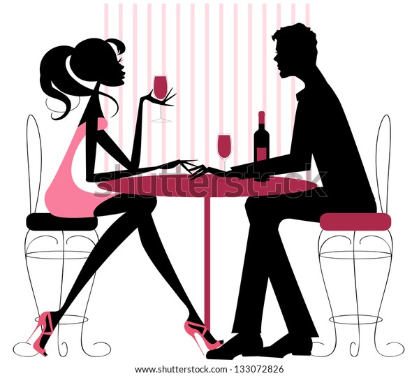 Couple Sharing Romantic\
Dinner Silhouette in pinks and black -Romantic couple sitting in\
restaurant - sharing a bottle of wine. Valentine, engagement, or\
just a date.
