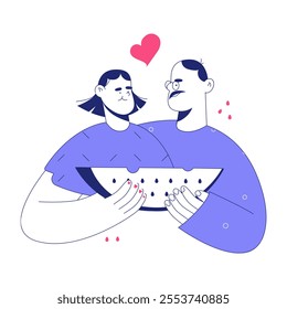 Couple Sharing A Slice Of Watermelon In Flat Vector Illustration Symbolizing Love, Togetherness, And Healthy Eating, Isolated On White Background