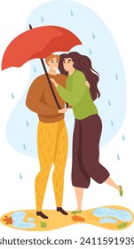 Couple sharing an umbrella in the rain, happy young man and woman cuddling. Love and romantic relationship in autumn weather vector illustration.