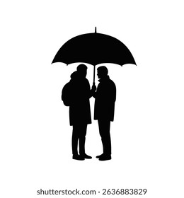 Couple sharing umbrella rainy day silhouette.