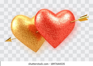 Couple shining realistic red and gold heart shaped balloons with glitter texture pierced by cupids golden arrow isolated on transparent background. Valentines day luxury decoration. Vector.