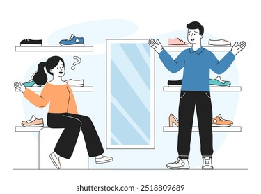 Couple in shoe store. Man and woman choose and try on shoes. Fashion, trend and style. Shopaholics in boutique. Commerce and retail. Linear vector illustration isolated on white background