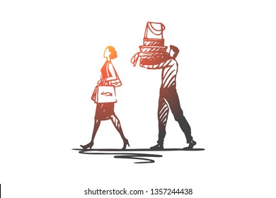 Couple, shopping, bag, sale, store concept. Hand drawn man and woman on shopping with bags concept sketch. Isolated vector illustration.