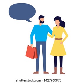 couple with shopping bag talking bubble vector illustration