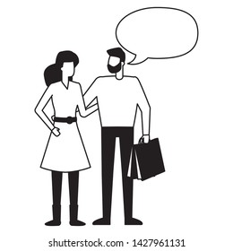 couple with shopping bag talking bubble vector illustration