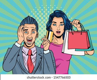 couple with shopping bags and credit card pop art style vector illustration design