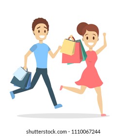 Couple shopping with bags on white background.