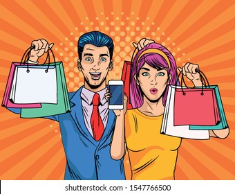 couple with shopping bags and smartphone pop art style vector illustration design