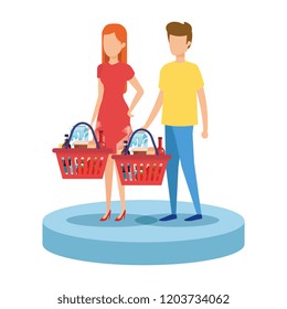 couple with shopping basket and products