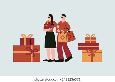 Couple Shopping in Chinese New Year Vector Illustration