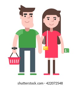 A couple shopping. Coloured flat vector illustration isolated on white background 