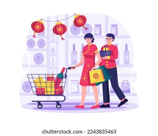 A couple is shopping in the grocery market store. A woman holding a trolley and a man holds gifts. Chinese new year shopping illustration