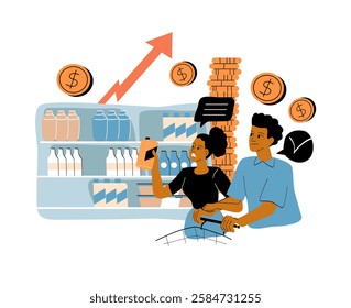 Couple shopping in a grocery store, checking prices on a smartphone. Rising price symbols and financial icons highlight inflation concerns