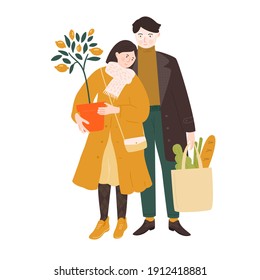 Couple shopping for home. Young woman holding a lemon tree potted plant, man carrying a bag with salad and bread. Vector illustration.