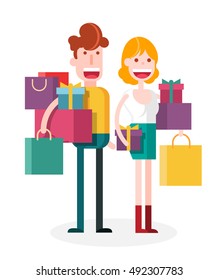 Couple Shopping. Isolated Flat Vector Illustration.