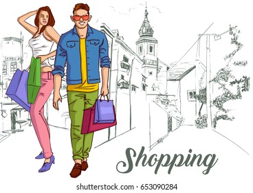 couple with shopping. Man and woman with bags. Big Sale. Vector illustration of a flat design