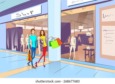 Couple Shopping Man And Woman Walking With Bags In Modern Luxury Shop Mall Center Vector Illustration