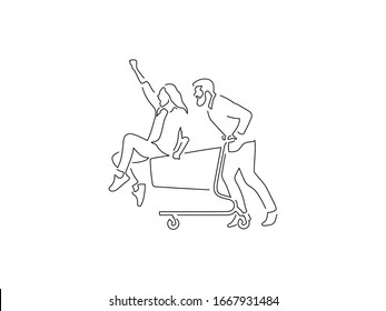 Couple shopping in the market isolated line drawing, illustration design. Food collection.
