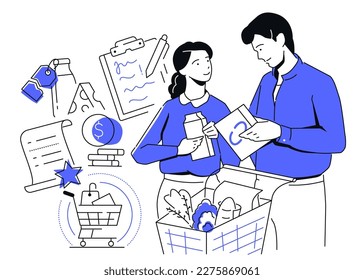 Couple shopping - modern colorful line design style illustration on white background. High quality composition with happy man and woman at grocery store purchasing food. Daily routine and housekeeping