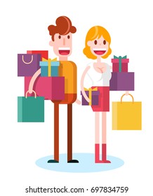 Couple Shopping on White Background . Isolated Flat Vector Illustration