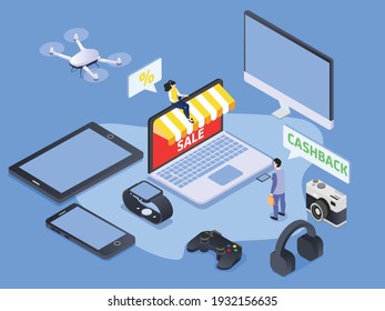 Couple Shopping Online Electronic Gadget During Online Sale On Website Or Mobile Phone Apps. Isometric Vector Concept