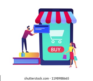 A couple shopping online with huge smartphone with shopping cart vector illustration. Smart retail and online purchase, mobile phone shopping apps concept. Isolated on white background.