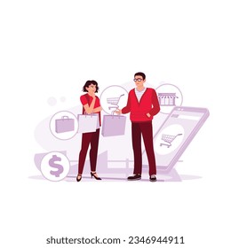 A couple is shopping online while holding her cell phone and shopping bags. Customers are happy to use online purchasing applications via smartphones. Trend Modern vector flat illustration.