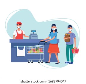 couple shopping in supermarket with face mask vector illustration design