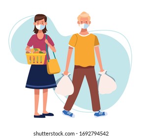 couple shopping in supermarket with face mask vector illustration design