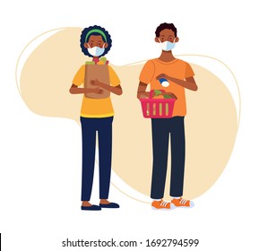 couple shopping in supermarket with face mask vector illustration design