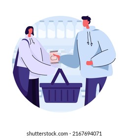 Couple shopping at supermarket scene. Man and woman buying products in grocery store. Family daily routine, retail, and sales concept. Vector illustration of people characters in flat design in round