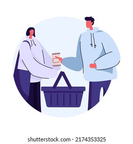 Couple shopping at supermarket scene. Man and woman buying products in grocery store. Family daily routine, retail, and sales concept. Vector illustration of people characters in flat design in round