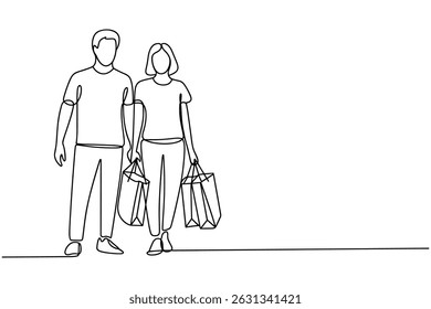 Couple Shopping Together Holding Bags Line Art Vector